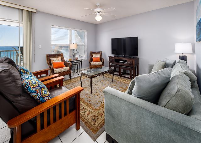 Upgraded and classy this two bedroom has beautiful views of the Gulf from both the family area and the dining room/kitchen areas as well! 