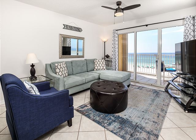 The vibrant Living Room has a remarkable 4th floor view of the Gulf.