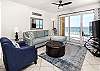 The vibrant Living Room has a remarkable 4th floor view of the Gulf.