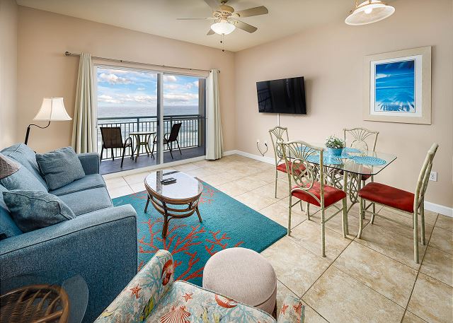 Direct beachfront view from the living room and master bedroom in this lovely sixth floor condo at Pelican Isle. Plus there is wireless internet access that can be used on your balcony.