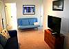 The entry level family room has a flat screen TV, pull out queen bed..really sweet gathering area...