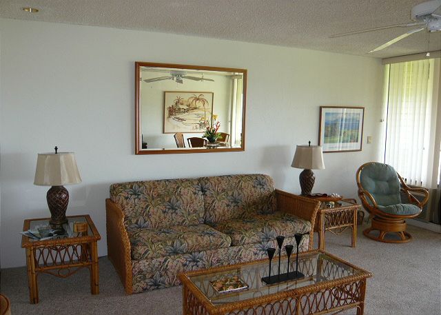 Comfortable living room with an ocean view.