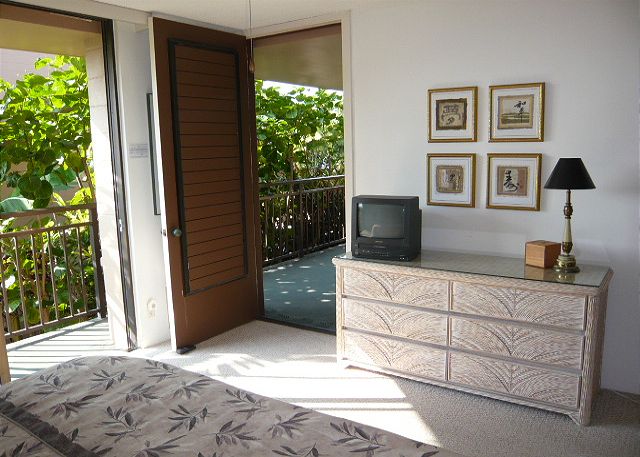 Master bedroom with a door out to the expansive lanai.