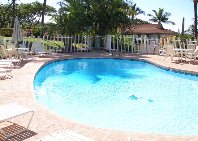 Pool with a golf course view.