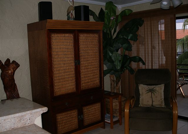 Entertainment center with DVD, VCR and CD player.