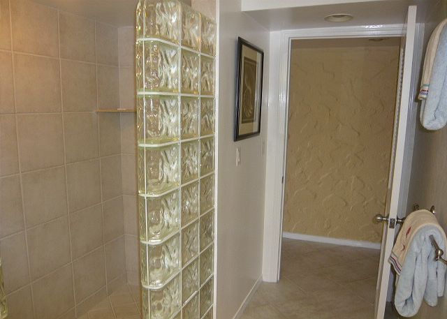 Tiles shower with glass blocks and access from the hallway.