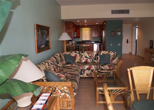 Living room into the kitchen.