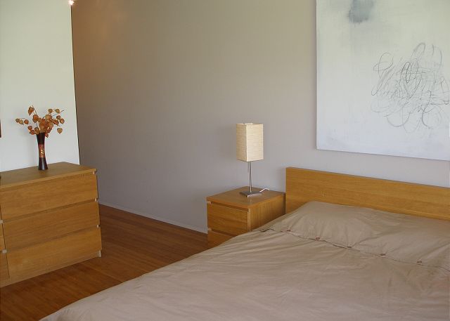 Contemporary bedroom with new bamboo flooring