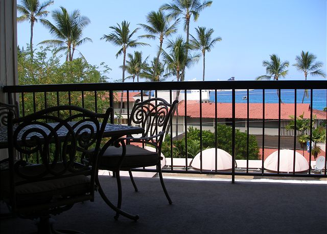 Dine on the lanai with a view of the pier