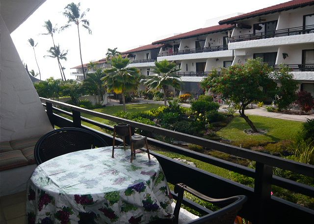 Lanai with a court yard and ocean view.