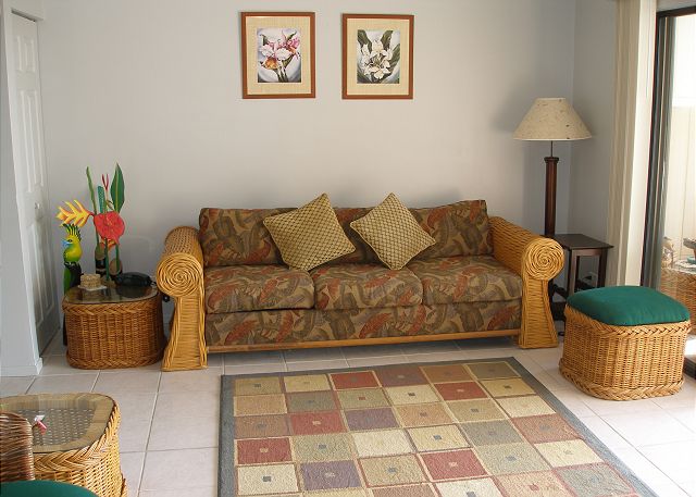 Decorative living room with lanai view