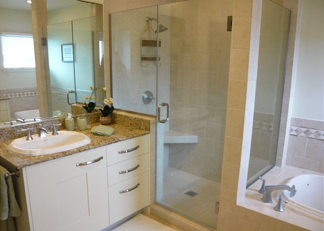 Master bath with dual sinks, separate shower and soaking tub.