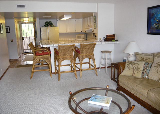 Living room into the kitchen.