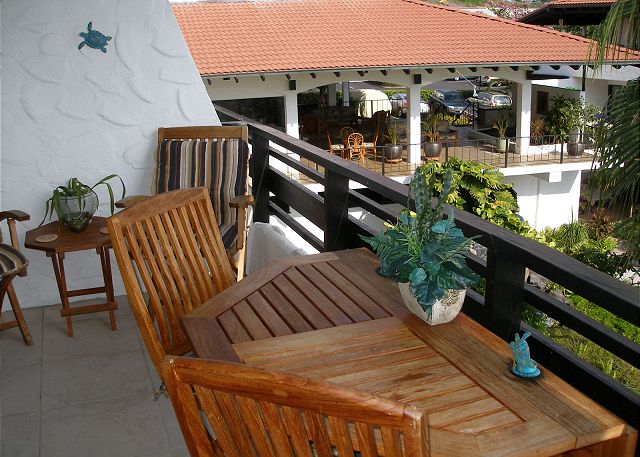 Lanai with a view of the lobby and dolphin pond.
