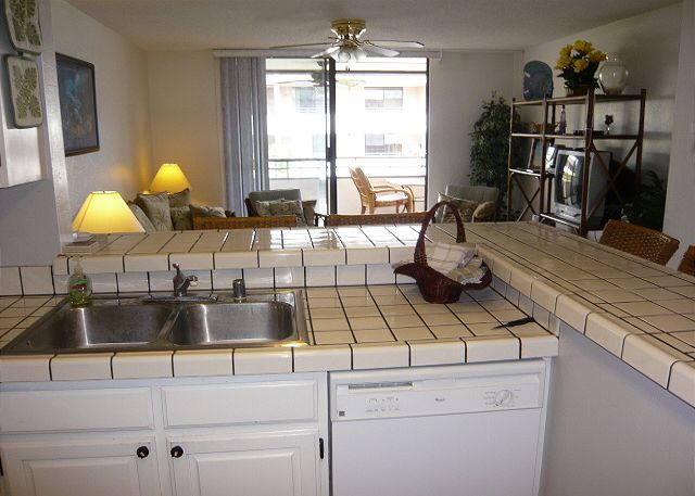 Kitchen into the living room.