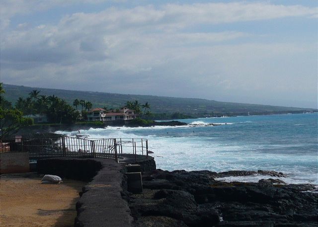 Ocean near salt water pool.