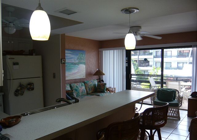 New lighting in the kitchen bar area.