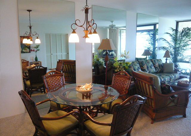 New furnishings in the living/dining room.