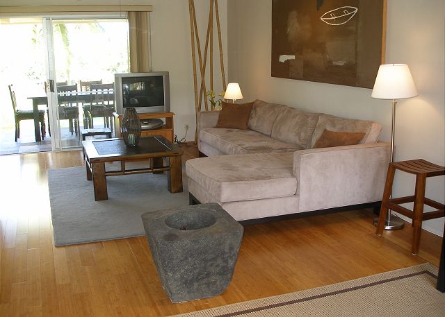 Spacious contemporary living area with beautiful bamboo flooring