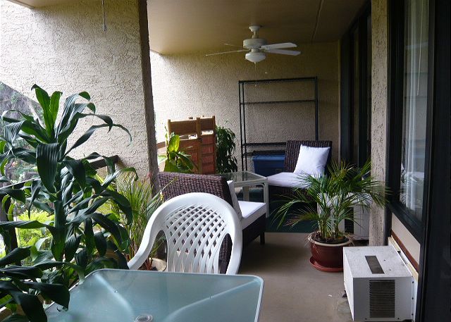 Lanai with fans and seating.