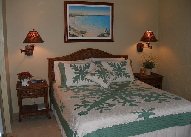 Bedroom with a queen bed and tropical decor.