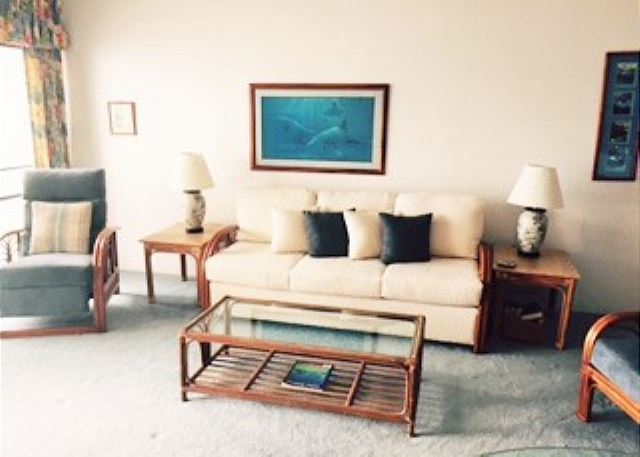 Living room with an ocean view and direct pool view