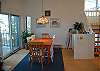 Dining room with lake view and deck