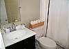 The bathroom is a shower/ tub combination.
Completely new in 2010 - there is also an outdoor shower - complete with polka dots!