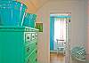 Fun aqua chest with bright, blue tin tubs; great storage!