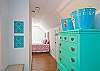 Fun aqua chest with bright, blue tin tubs; great storage!