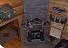 A view of the lovely stack stone fireplace from above