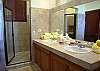 Master Bathroom with double sink and shower at Casa La Ostra vacation rental house in Hermosa Palms gated community in Playa Hermosa, Costa Rica