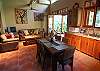 This is the fully equiped kitchen with microwave, coffe maker, blender, toaster, fridge... and a beautiful view of the pool and garden at Sonidos del Rio, Vacation Rental, Jaco Costa Rica.