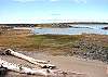 View of beach at low tide.