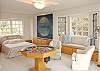 Master Bedroom w/Bay Window and Pool Table. Queen size bed with 7 ft. window seat/narrow twin bed.