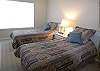 Guest bedroom with twin beds, walk-in closet and adjacent bath with new tile shower.