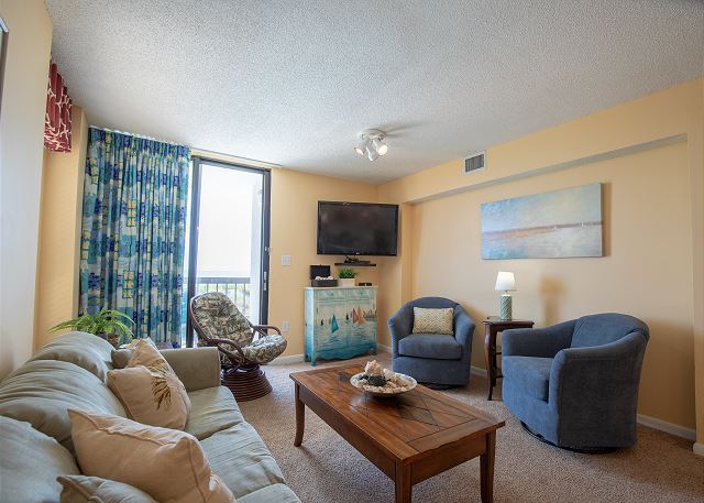 From this oceanfront end unit you can access the balcony from the living room and the master bedroom.