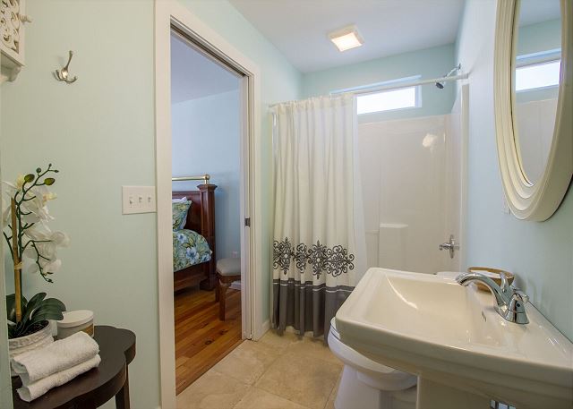 Master bath -- towels and bed linens provided for the entire house during your stay.