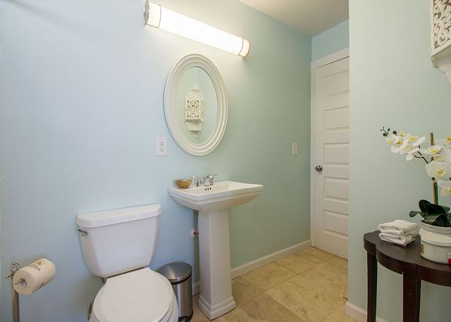 Spacious master bath with tub and shower combo.