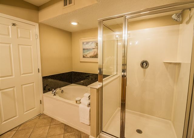 The master bath offers separate shower and tub after you have had enough sun!
