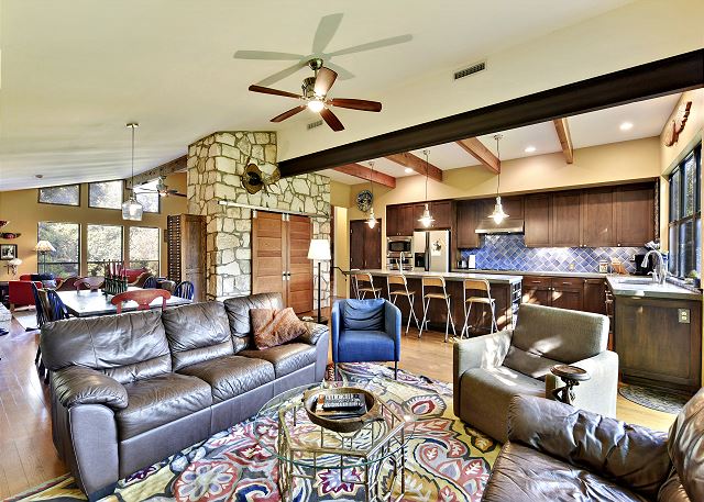 Another angle of the rustic kitchen & main room