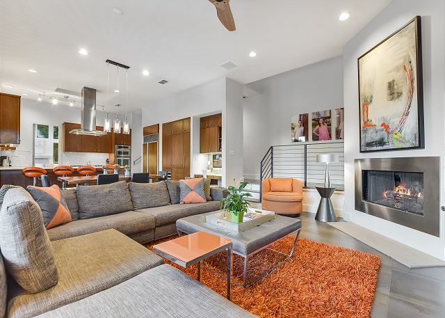 Lively family room with a trendy feel yet warm and inviting