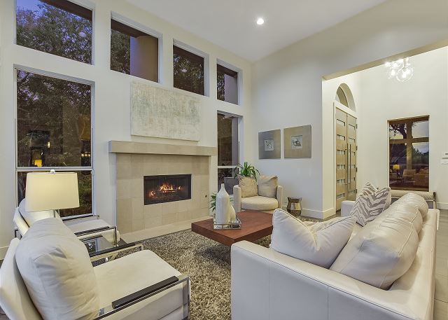 Beautiful living room with an inviting fireplace