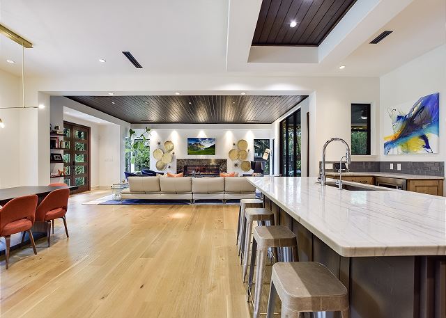 Large island for extra seating at this beautiful quartz counter top!
