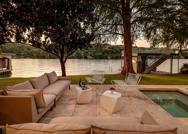 Enjoy lake views from the comfort of this fun outdoor seating area