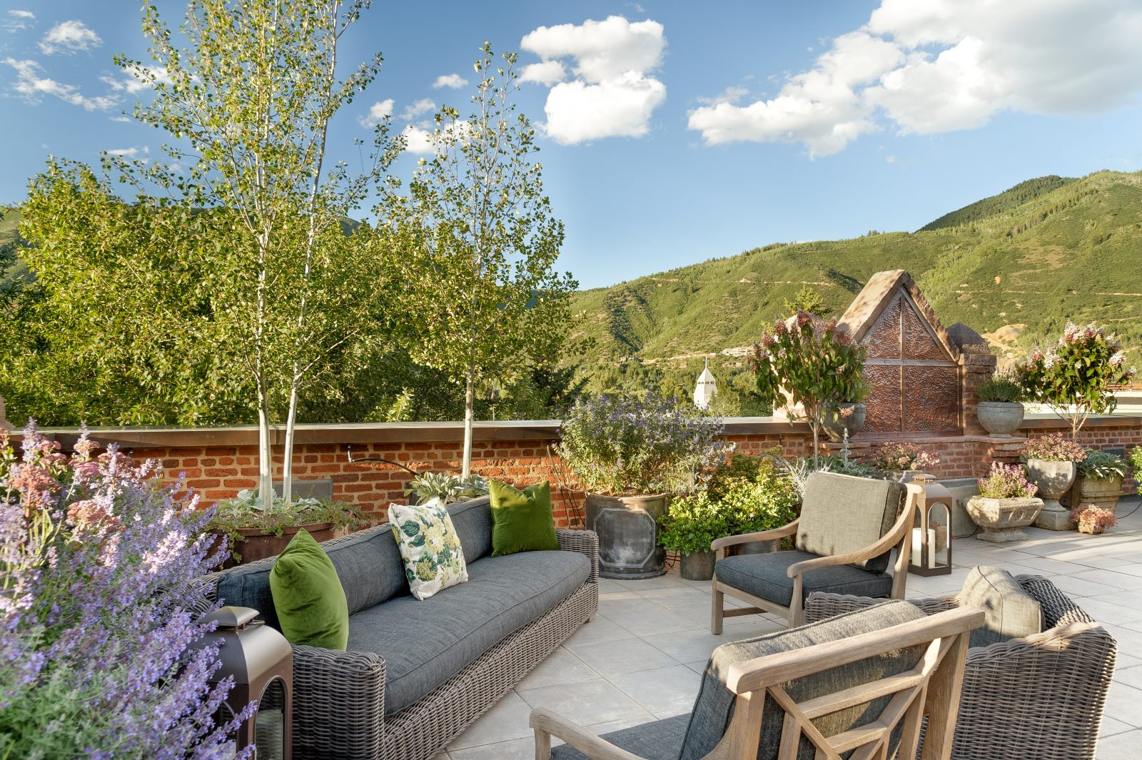 Rooftop with seating area. 