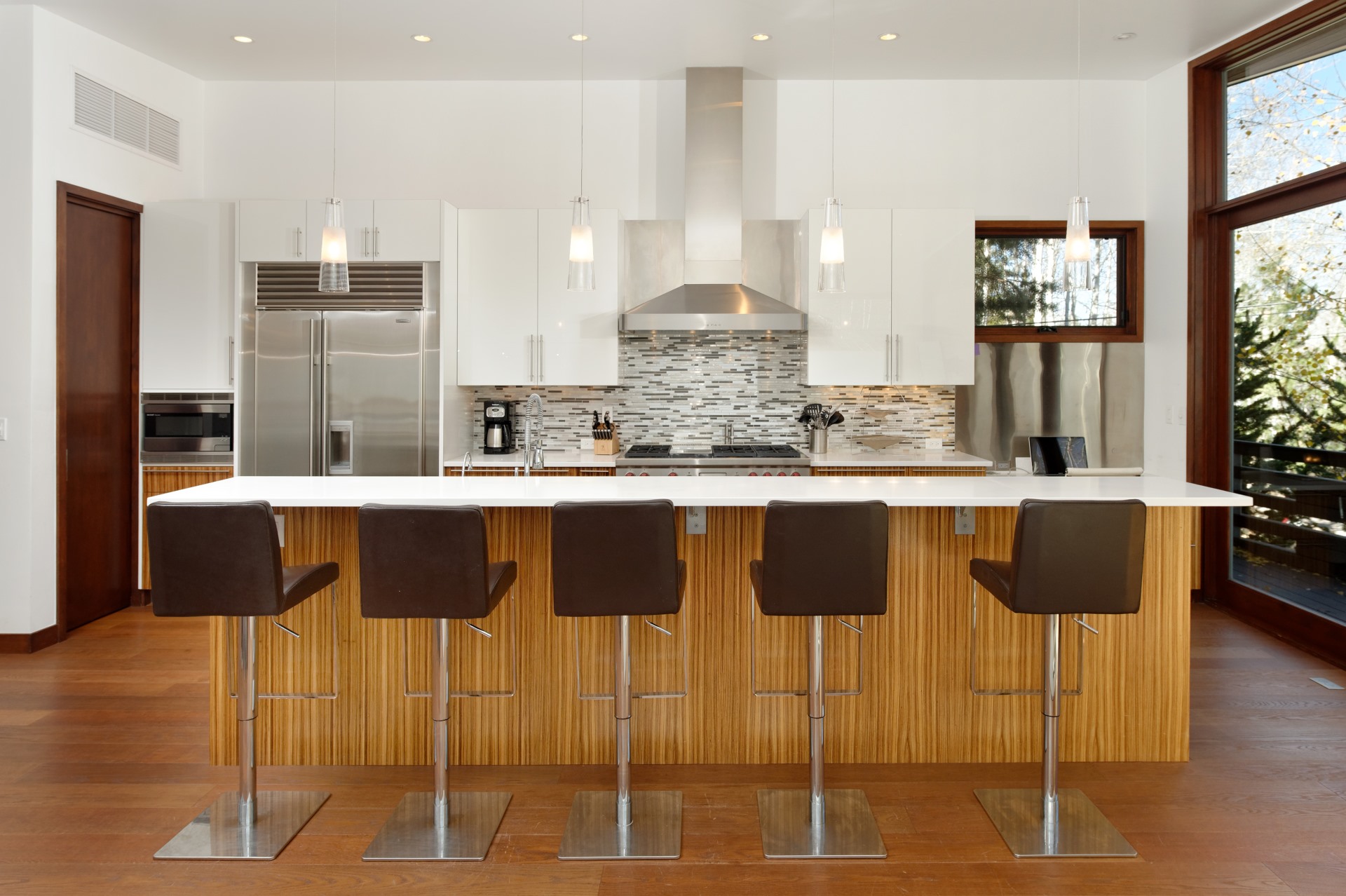 Kitchen with bar seating. 