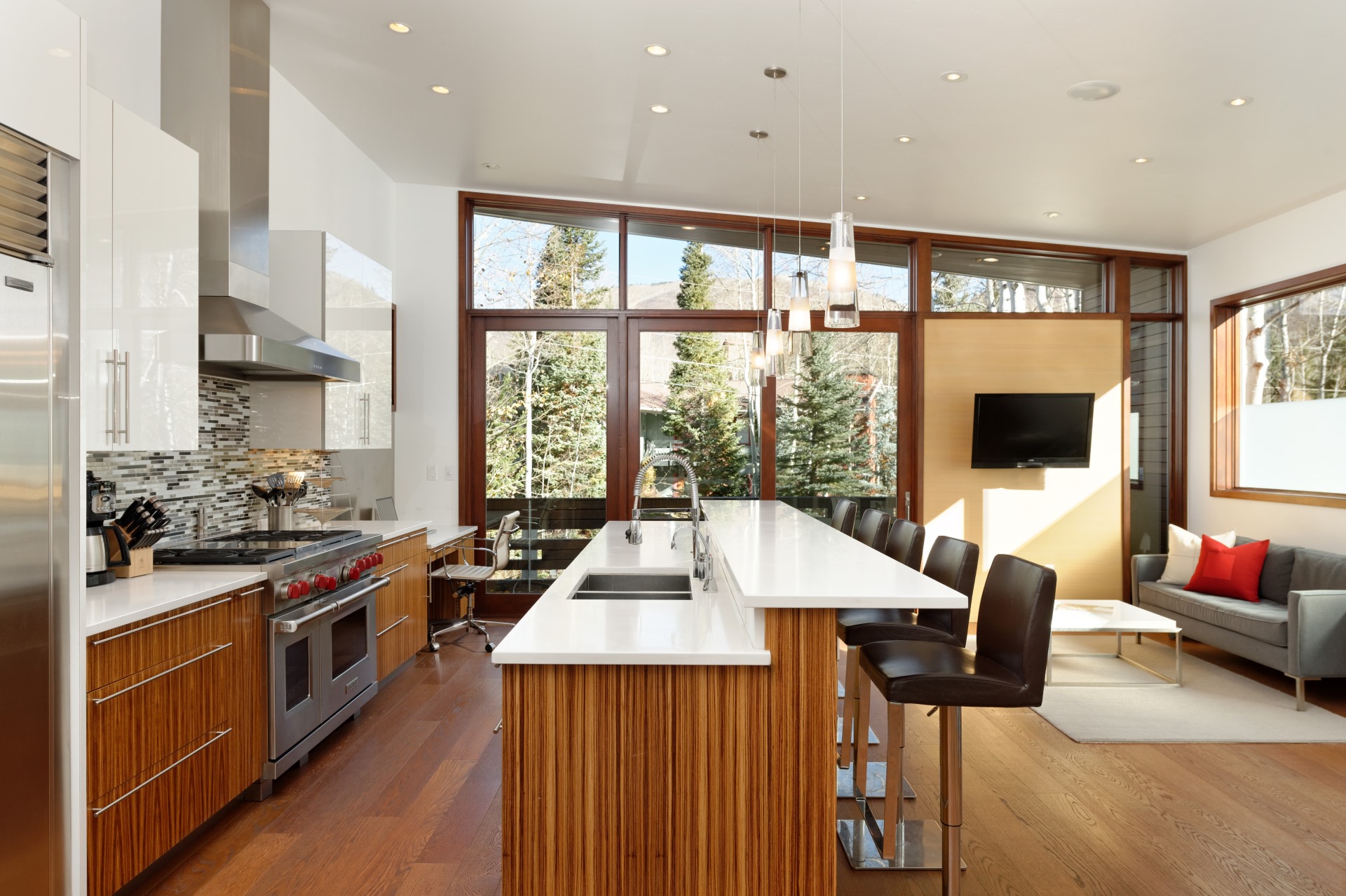 Kitchen with view into living area. 