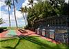 BBQ area with Suffle board and picnic tables under the swaying palm trees