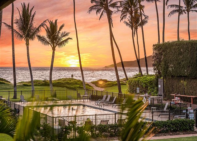 Come and enjoy the glow of sunset from the solar heated pool with the West Maui Mountains in the distance.